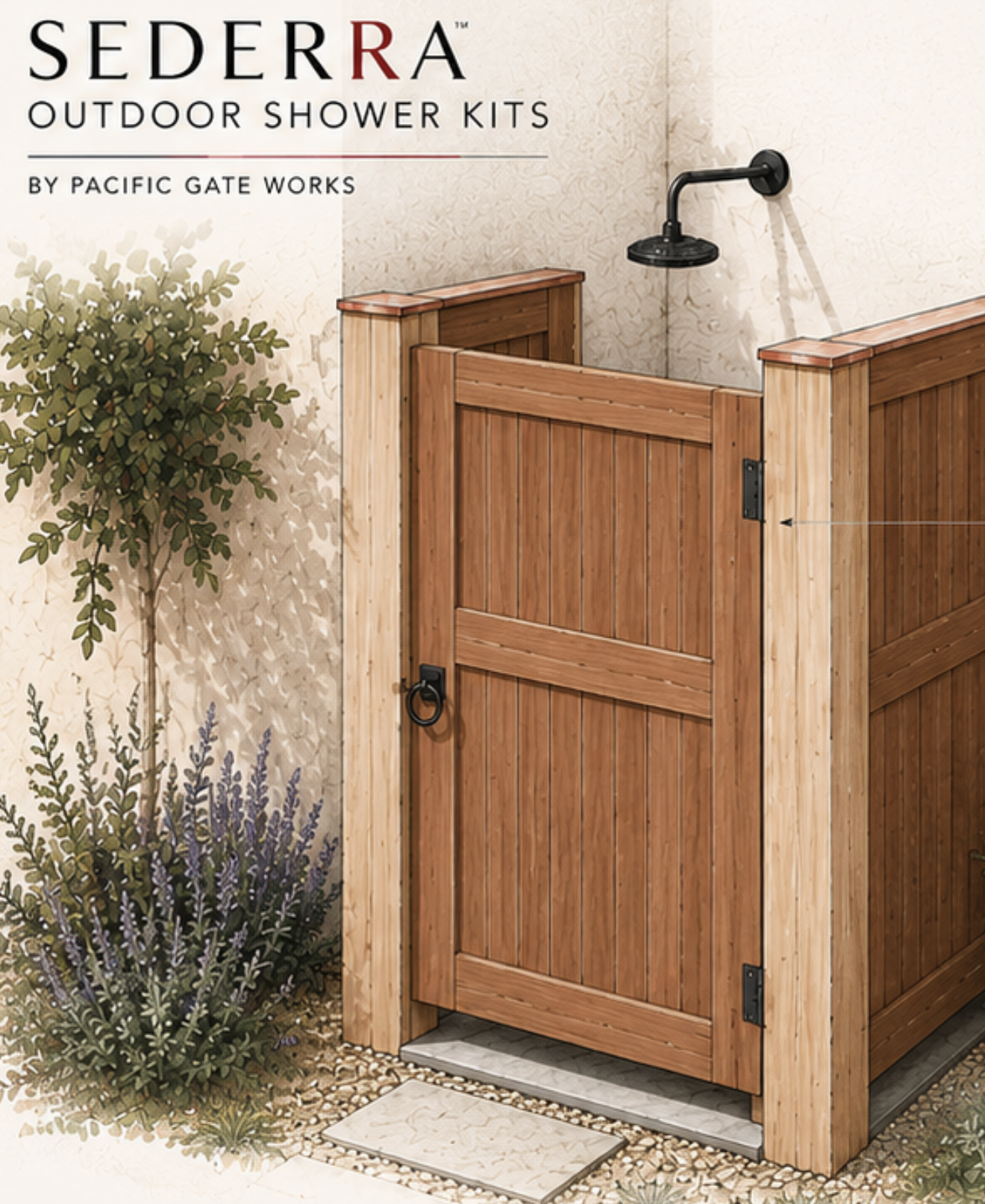 Sederra clear cedar outdoor shower system architectural rendering